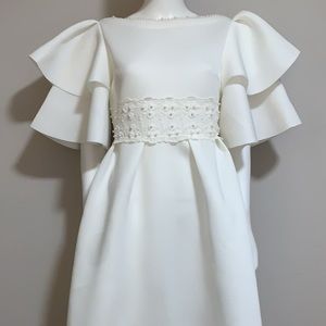 White pearl embellished lace scuba dress